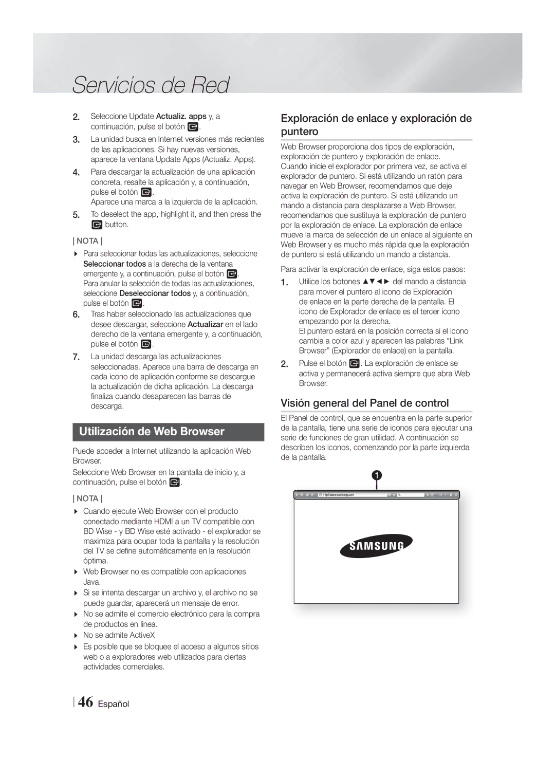 Samsung HT-FS5200/EN, HT-F5200/ZF, HT-FS5200/ZF Utilización de Web Browser, Exploración de enlace y exploración de puntero 