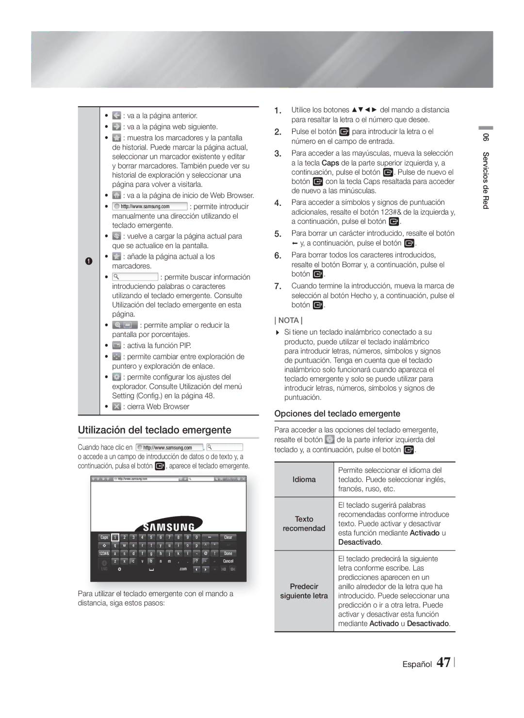 Samsung HT-F5200/ZF, HT-FS5200/EN, HT-FS5200/ZF manual Utilización del teclado emergente, Opciones del teclado emergente 