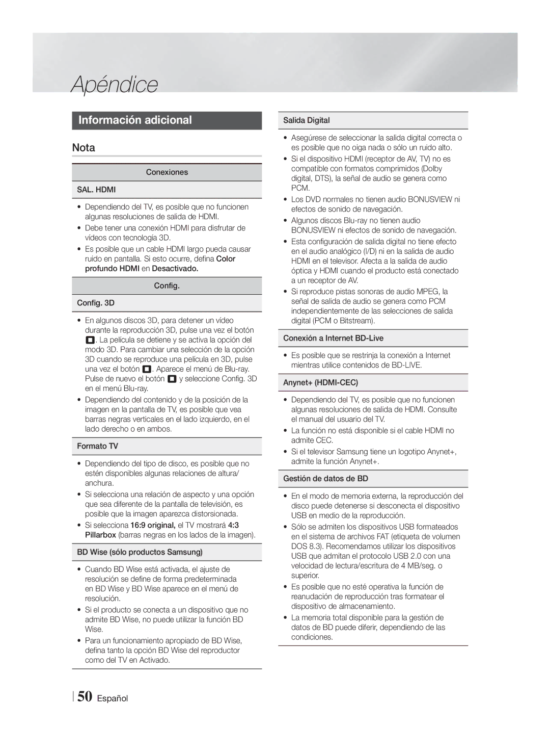 Samsung HT-F5200/ZF, HT-FS5200/EN, HT-FS5200/ZF manual Apéndice, Información adicional 