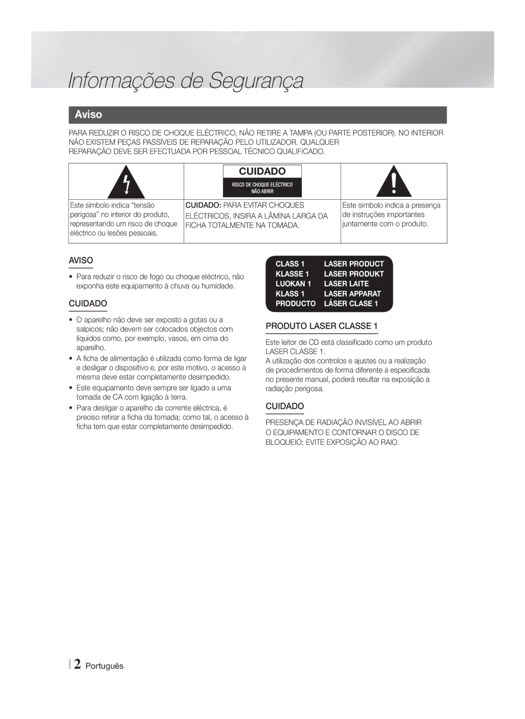 Samsung HT-FS5200/ZF, HT-F5200/ZF Informações de Segurança, Aviso, Cuidado Para Evitar Choques, Ficha Totalmente NA Tomada 