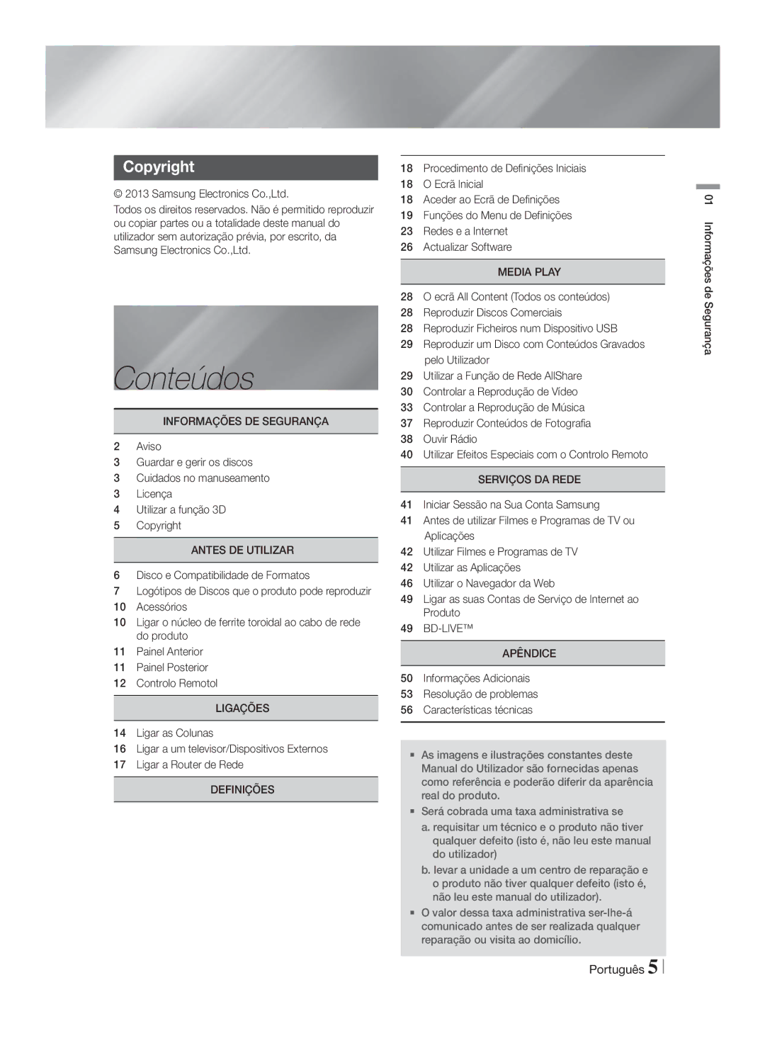 Samsung HT-FS5200/ZF, HT-FS5200/EN, HT-F5200/ZF manual Conteúdos 