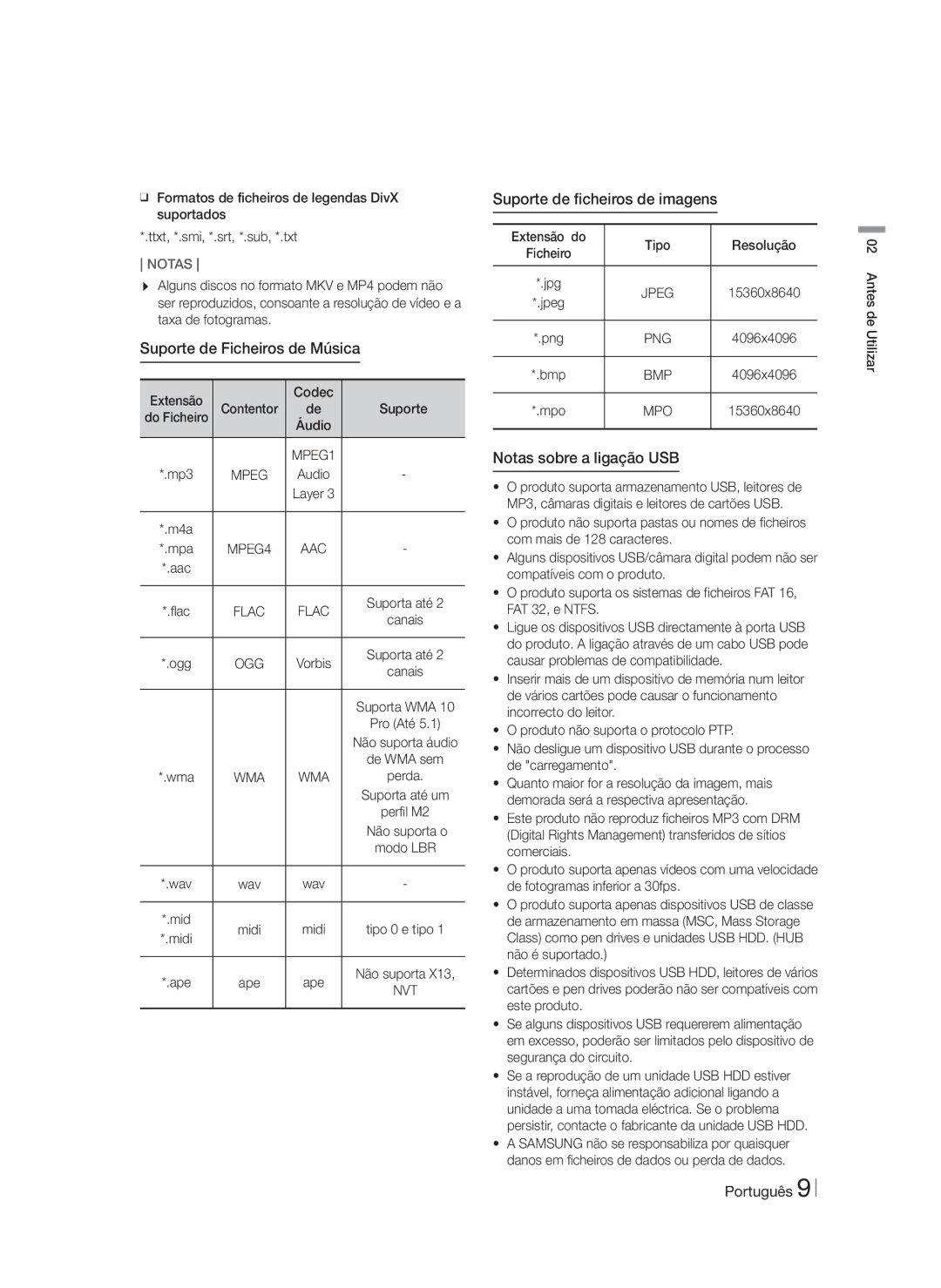 Samsung HT-FS5200/EN manual Suporte de Ficheiros de Música, Suporte de ficheiros de imagens, Notas sobre a ligação USB 