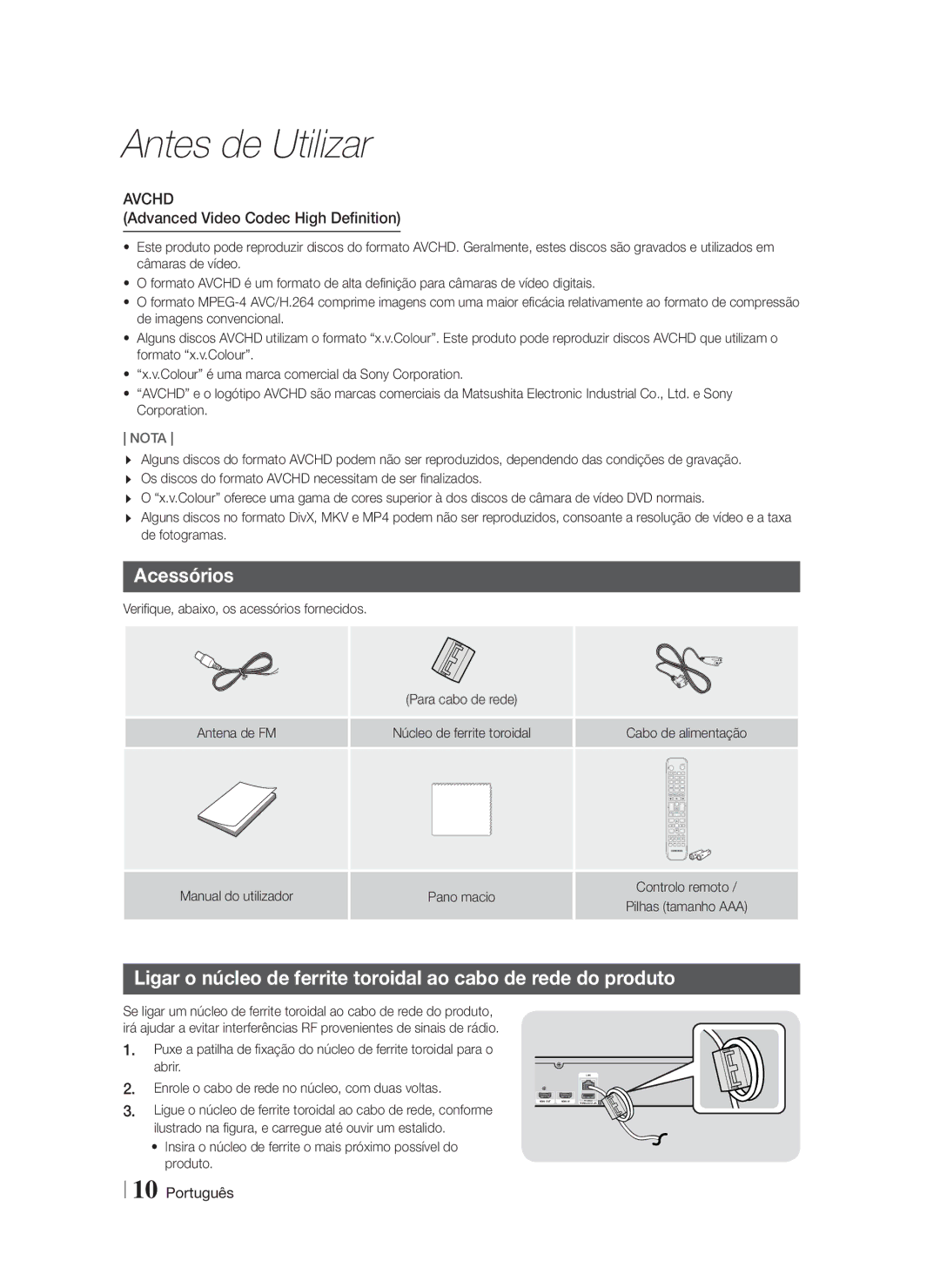 Samsung HT-F5200/ZF, HT-FS5200/EN, HT-FS5200/ZF manual Acessórios, Advanced Video Codec High Definition 