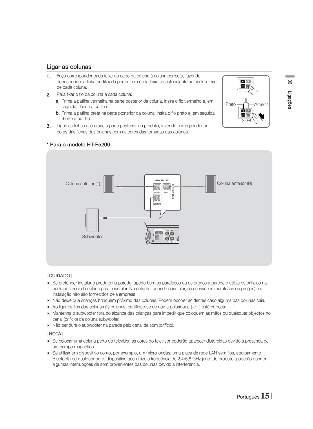 Samsung HT-FS5200/EN, HT-F5200/ZF manual Ligar as colunas, Para o modelo HT-F5200, Coluna anterior L, Coluna anterior R 