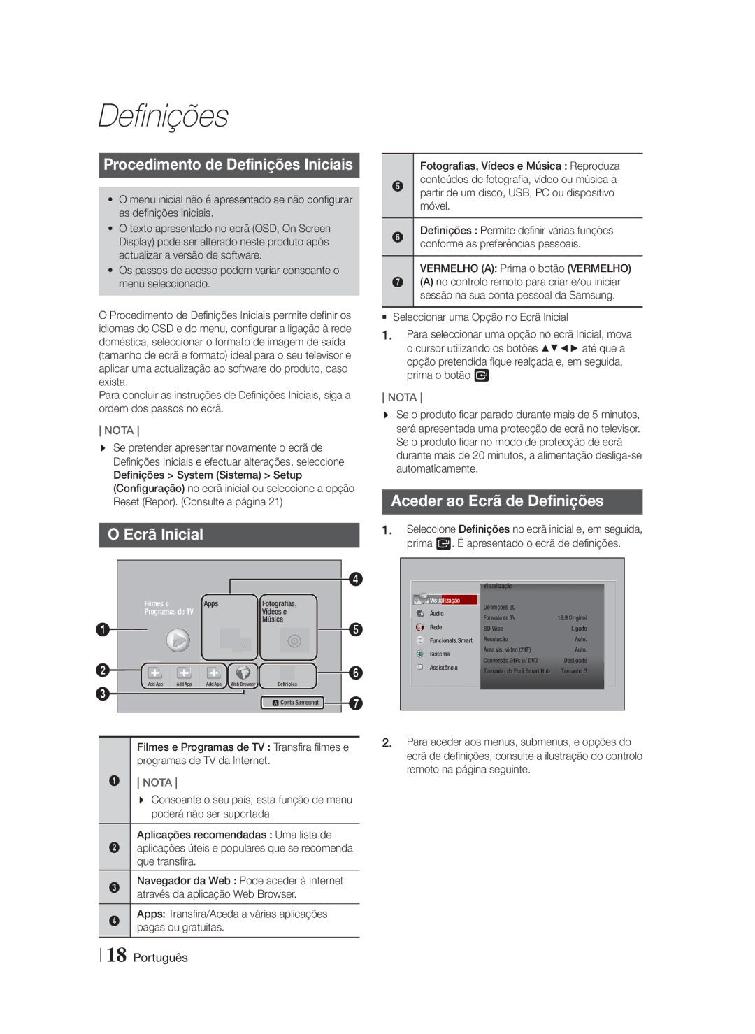 Samsung HT-FS5200/EN, HT-F5200/ZF manual Procedimento de Definições Iniciais, Ecrã Inicial, Aceder ao Ecrã de Definições 