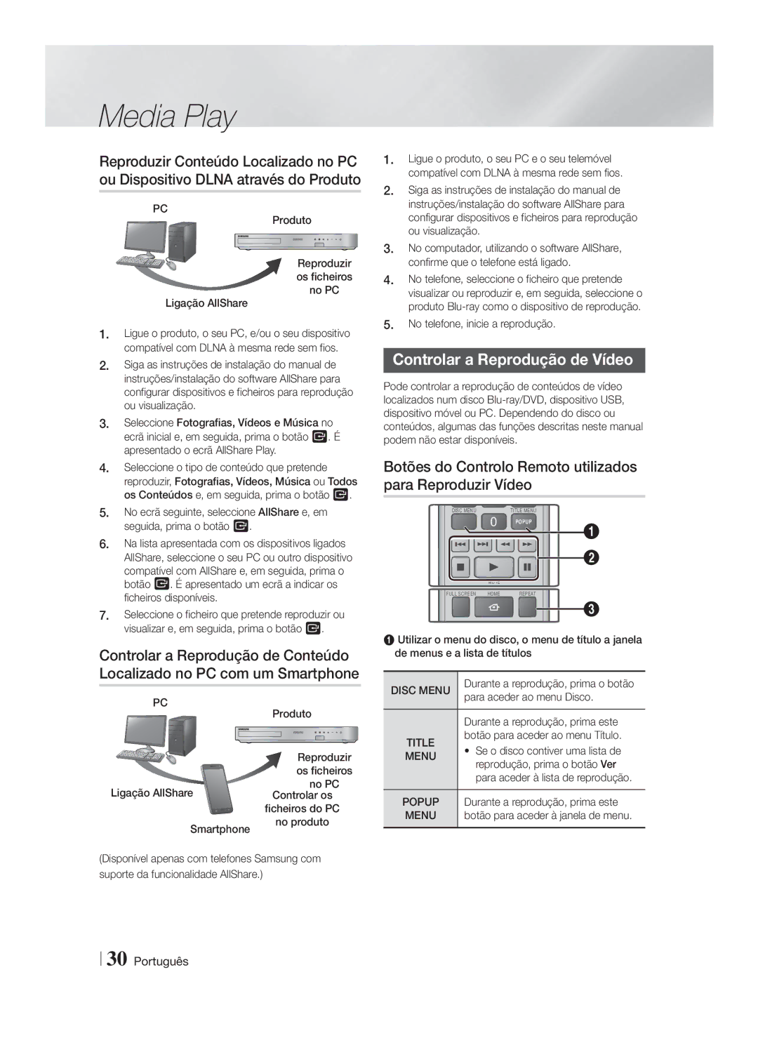 Samsung HT-FS5200/EN manual Controlar a Reprodução de Vídeo, Botões do Controlo Remoto utilizados para Reproduzir Vídeo 