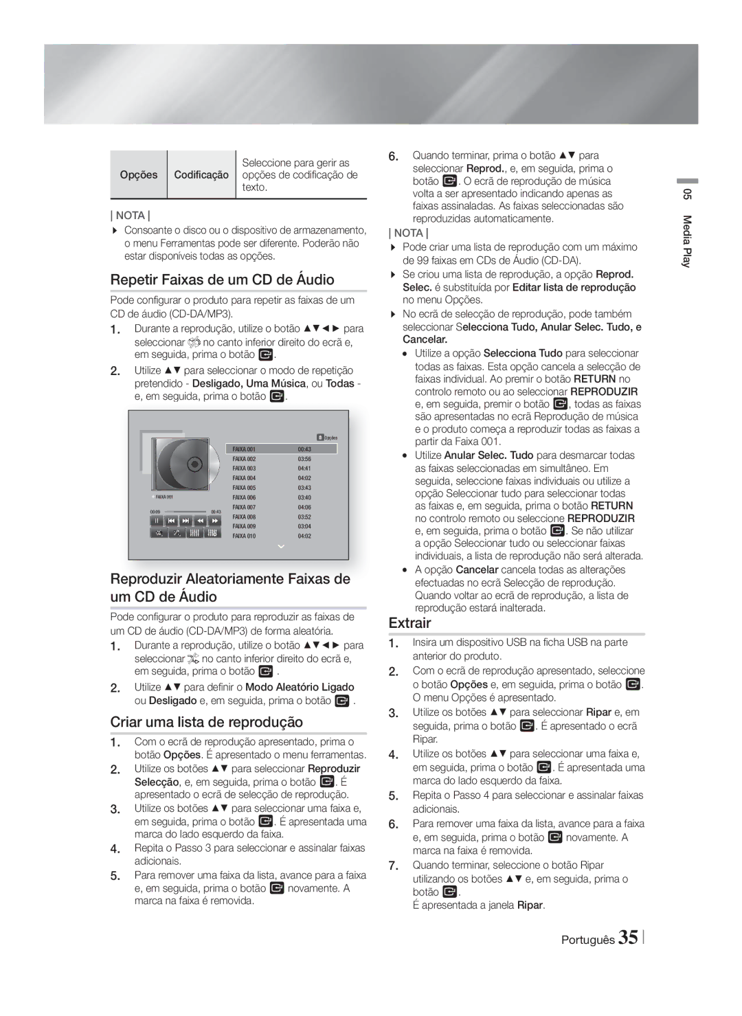 Samsung HT-FS5200/ZF manual Repetir Faixas de um CD de Áudio, Reproduzir Aleatoriamente Faixas de um CD de Áudio, Extrair 