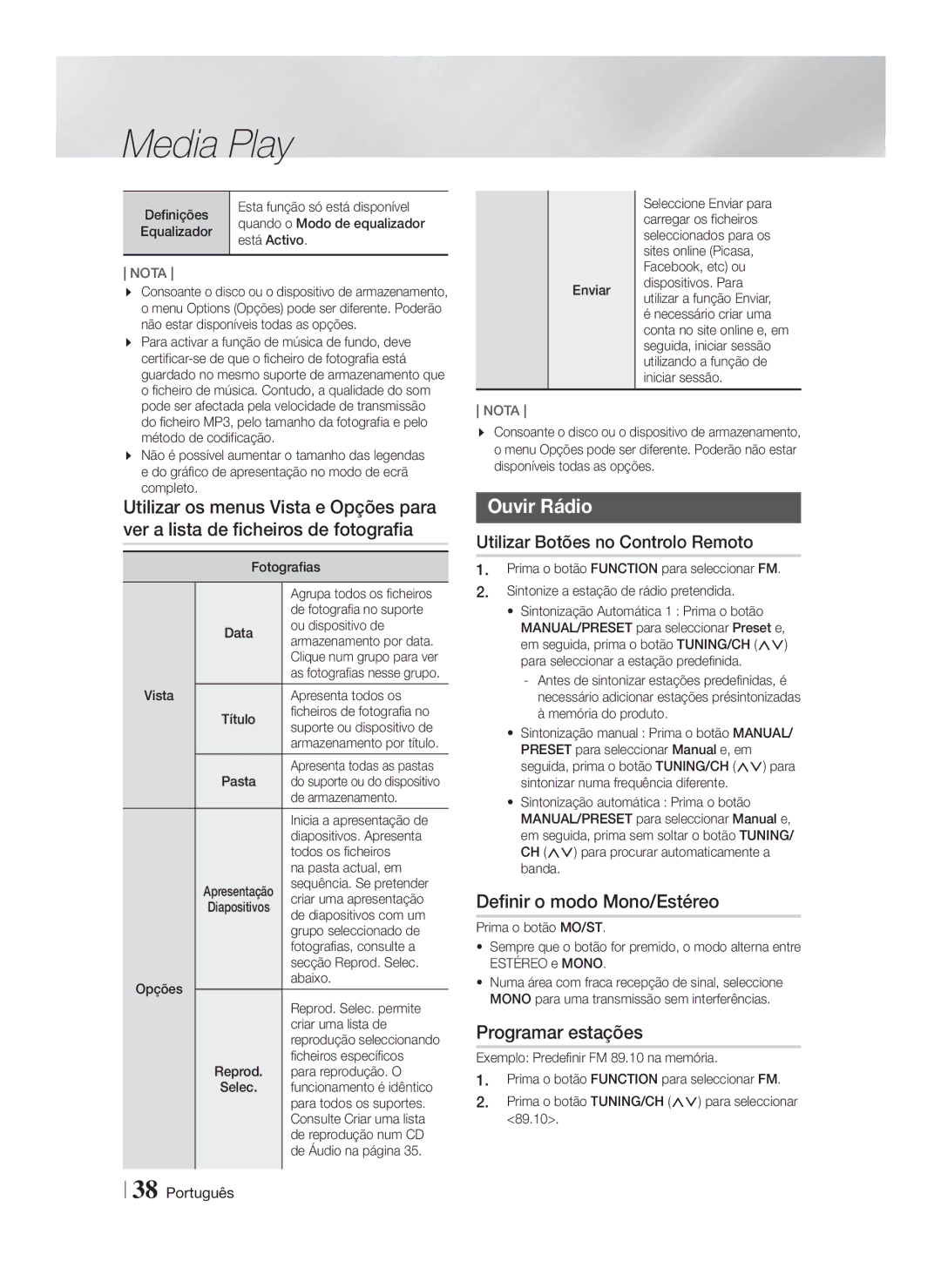 Samsung HT-FS5200/ZF, HT-FS5200/EN, HT-F5200/ZF manual Ouvir Rádio, Definir o modo Mono/Estéreo, Programar estações 