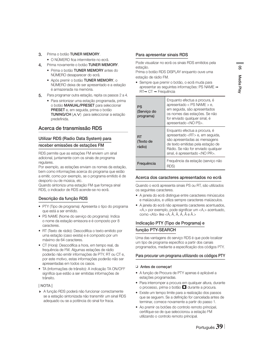 Samsung HT-FS5200/EN, HT-F5200/ZF manual Acerca de transmissão RDS, Descrição da função RDS, Para apresentar sinais RDS 