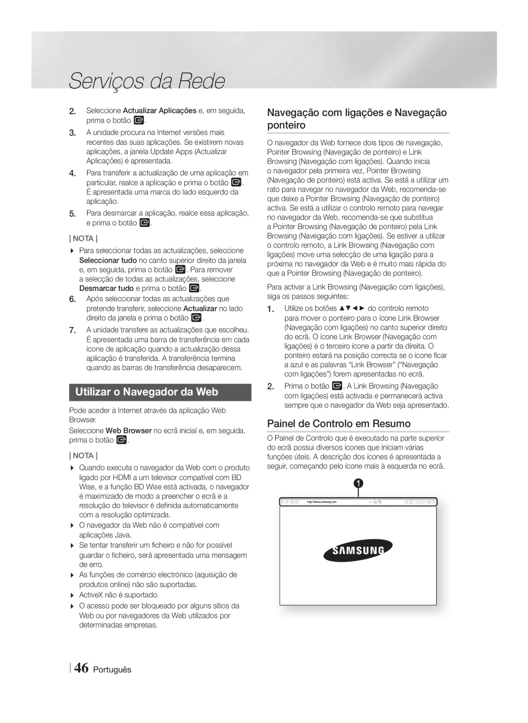 Samsung HT-F5200/ZF Utilizar o Navegador da Web, Navegação com ligações e Navegação ponteiro, Painel de Controlo em Resumo 