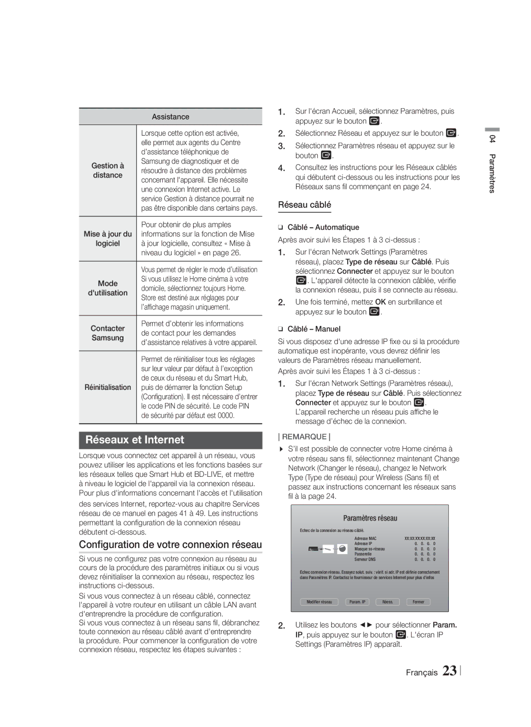 Samsung HT-FS5200/ZF, HT-FS5200/EN, HT-F5200/ZF Réseaux et Internet, Configuration de votre connexion réseau, Réseau câblé 