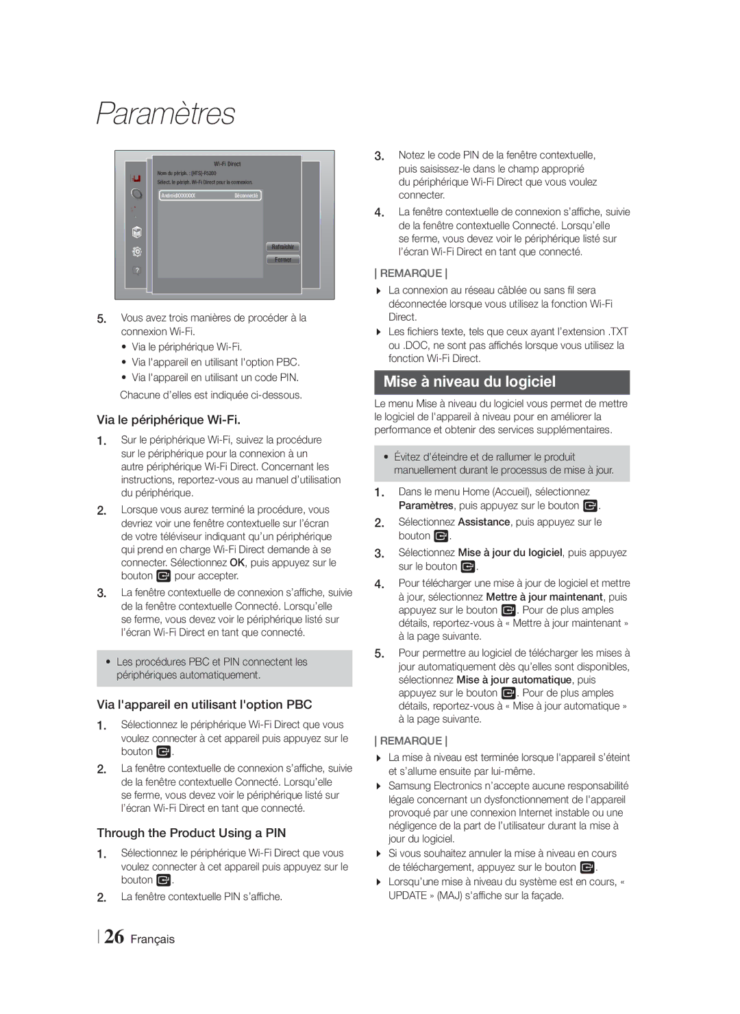 Samsung HT-FS5200/ZF manual Mise à niveau du logiciel, Via le périphérique Wi-Fi, Via lappareil en utilisant loption PBC 