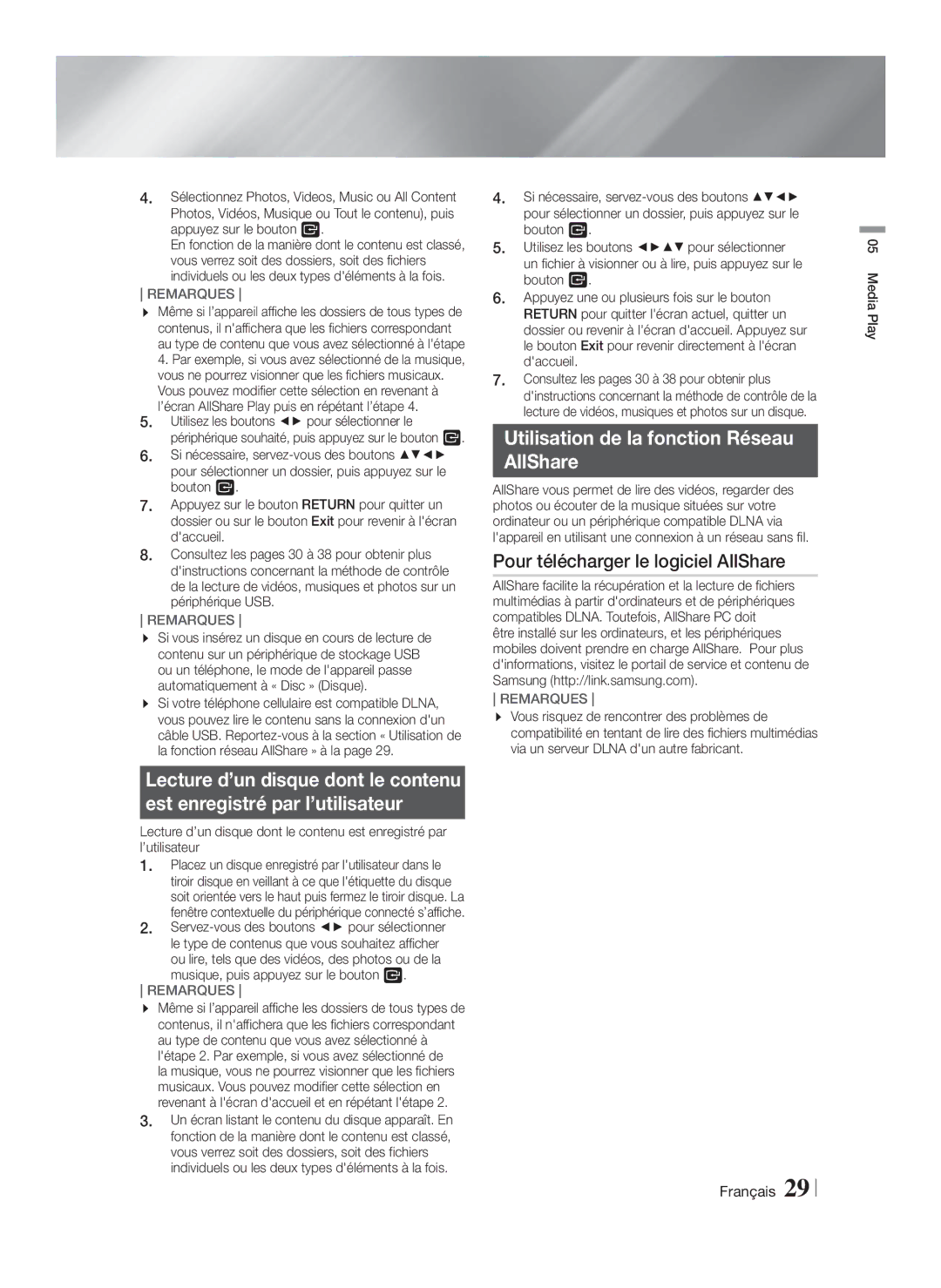 Samsung HT-FS5200/ZF manual Utilisation de la fonction Réseau AllShare, Pour télécharger le logiciel AllShare, Media Play 