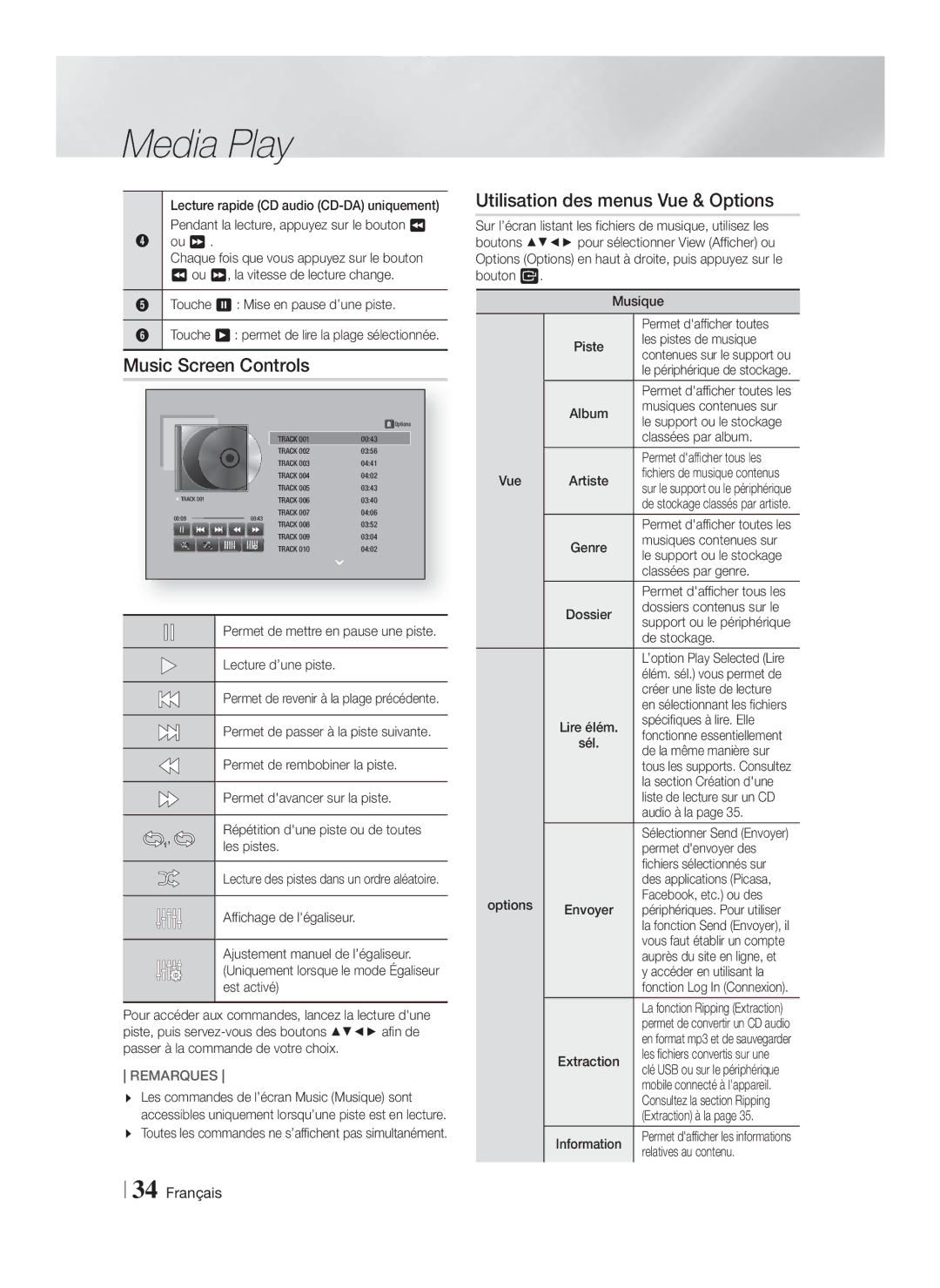 Samsung HT-F5200/ZF, HT-FS5200/EN, HT-FS5200/ZF manual Music Screen Controls, Utilisation des menus Vue & Options 