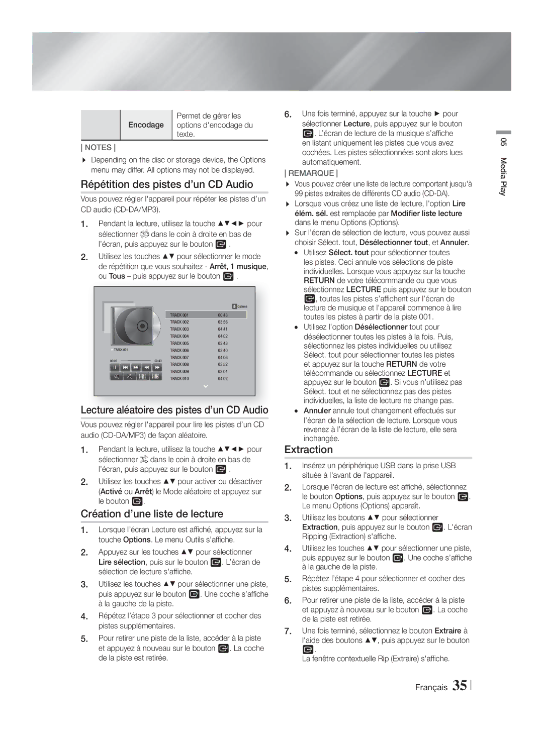 Samsung HT-FS5200/ZF, HT-FS5200/EN manual Répétition des pistes d’un CD Audio, Création d’une liste de lecture, Extraction 