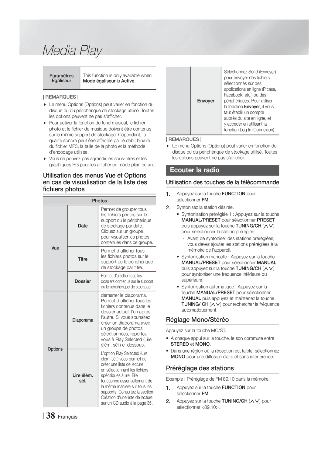 Samsung HT-FS5200/ZF, HT-FS5200/EN, HT-F5200/ZF manual Ecouter la radio, Réglage Mono/Stéréo, Préréglage des stations 