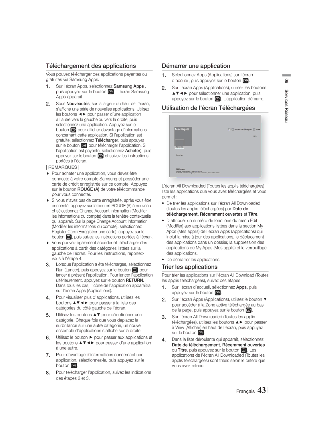 Samsung HT-F5200/ZF manual Téléchargement des applications, Démarrer une application, Utilisation de lécran Téléchargées 