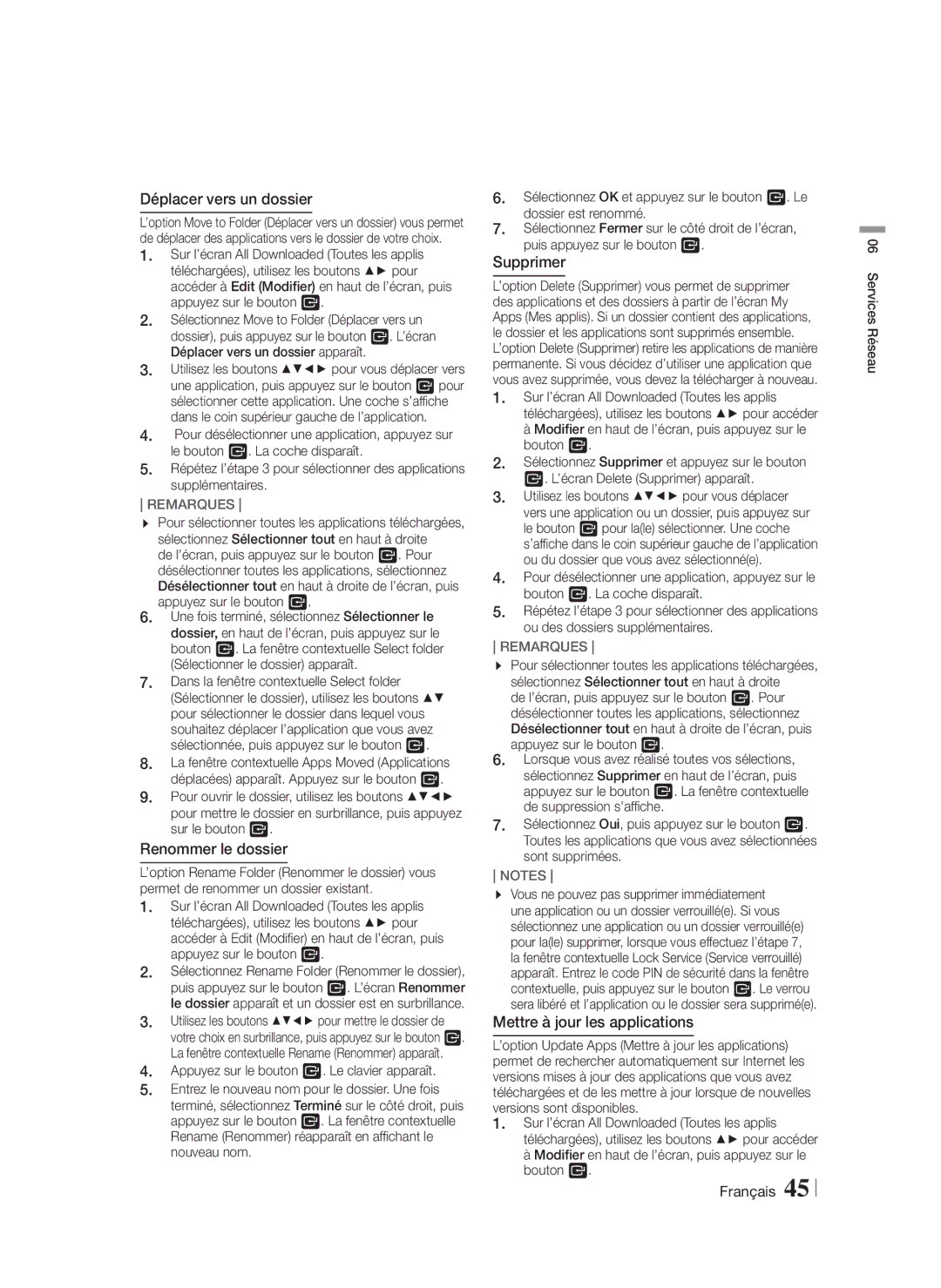 Samsung HT-FS5200/EN, HT-F5200/ZF Déplacer vers un dossier, Renommer le dossier, Supprimer, Mettre à jour les applications 