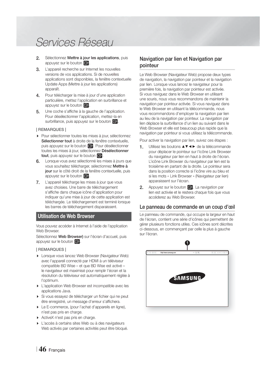 Samsung HT-F5200/ZF, HT-FS5200/EN, HT-FS5200/ZF Utilisation de Web Browser, Navigation par lien et Navigation par pointeur 