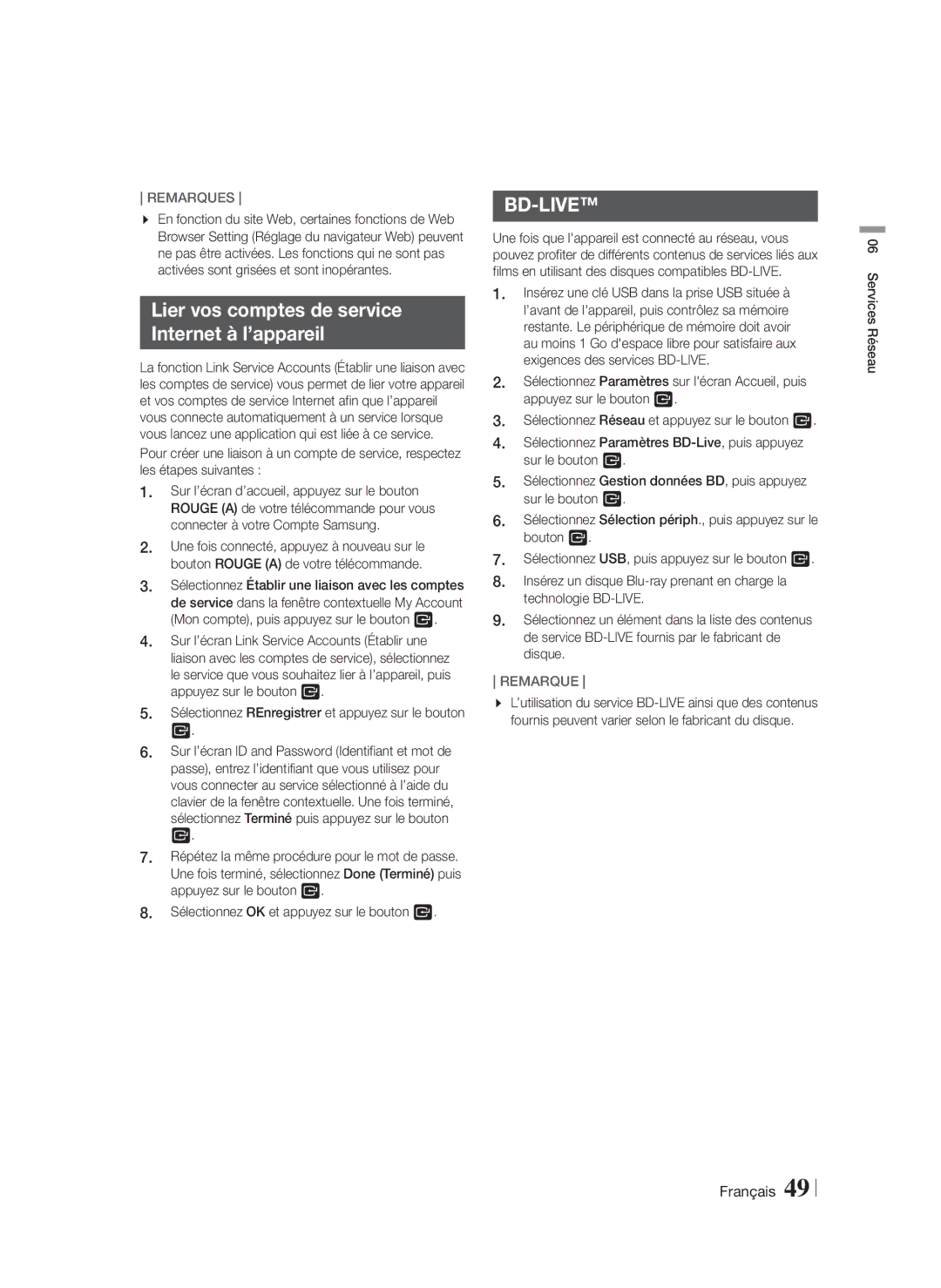 Samsung HT-F5200/ZF, HT-FS5200/EN, HT-FS5200/ZF manual Lier vos comptes de service Internet à l’appareil, Bd-Live 