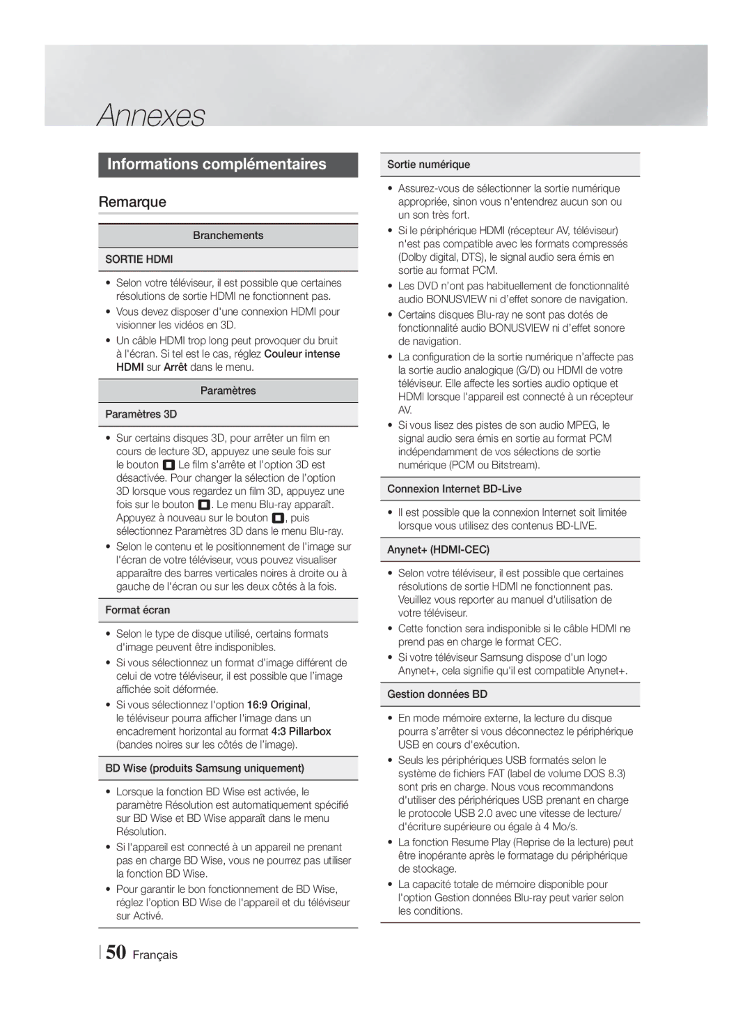 Samsung HT-FS5200/ZF, HT-F5200/ZF Annexes, Informations complémentaires, Remarque, Sortie Hdmi, Connexion Internet BD-Live 