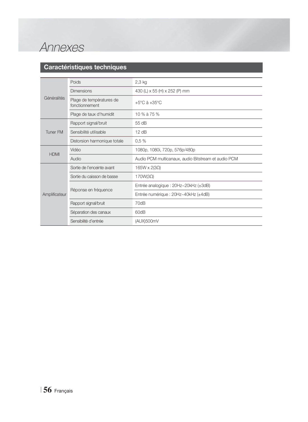 Samsung HT-FS5200/ZF, HT-FS5200/EN, HT-F5200/ZF manual Caractéristiques techniques, Poids, Entrée numérique 20Hz~40kHz ±4dB 