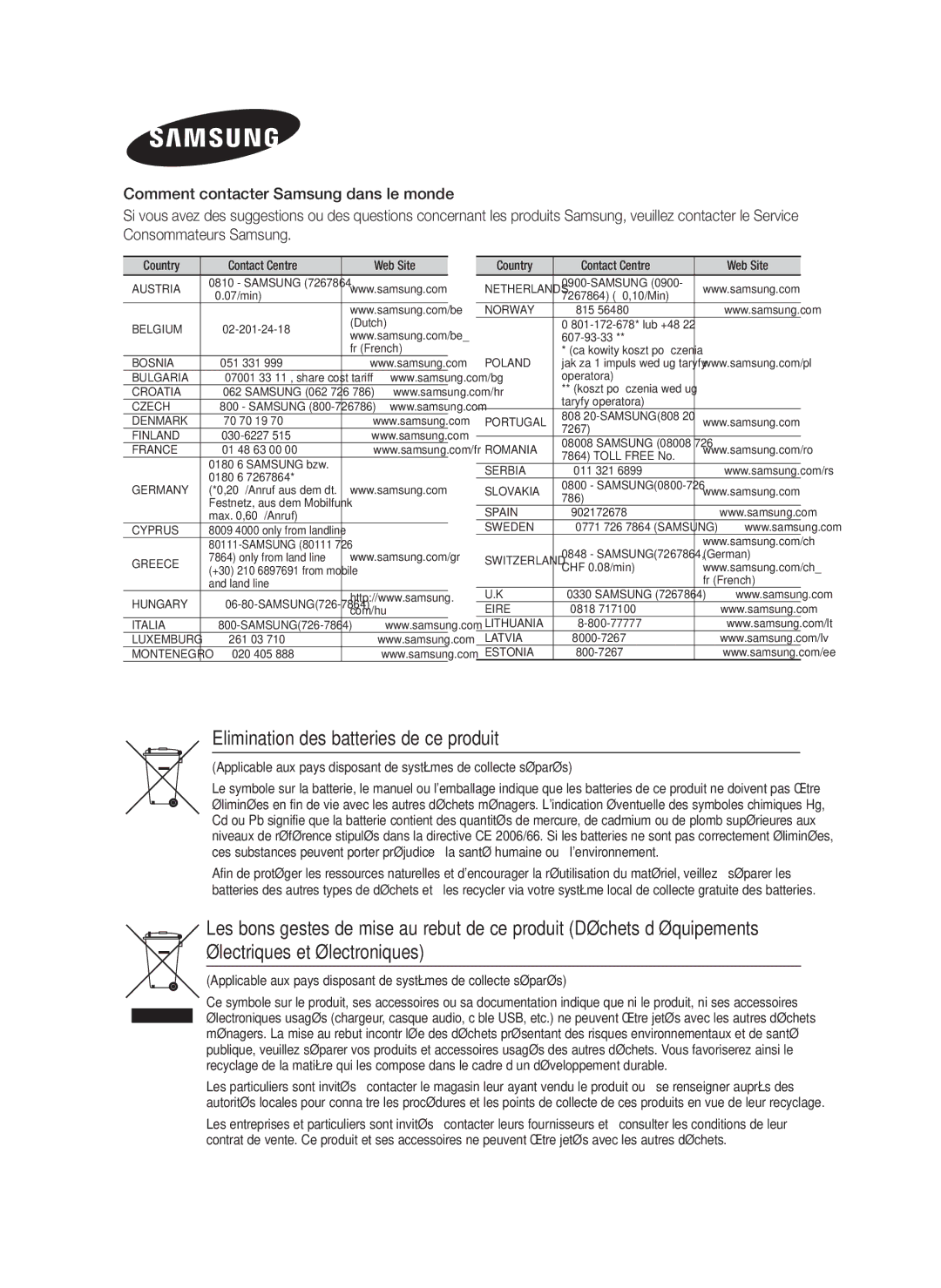 Samsung HT-F5200/ZF, HT-FS5200/EN, HT-FS5200/ZF Elimination des batteries de ce produit, Country Contact Centre  Web Site 