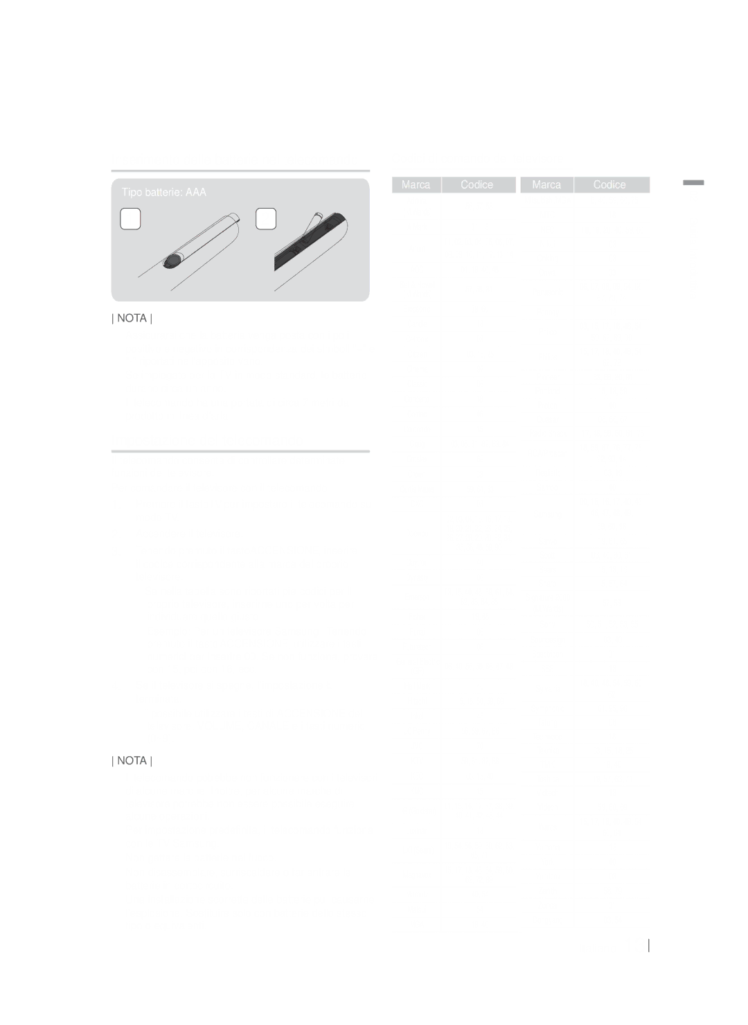 Samsung HT-FS5200/ZF manual Impostazione del telecomando, Codici di comando del televisore, Tipo batterie AAA, Marca Codice 