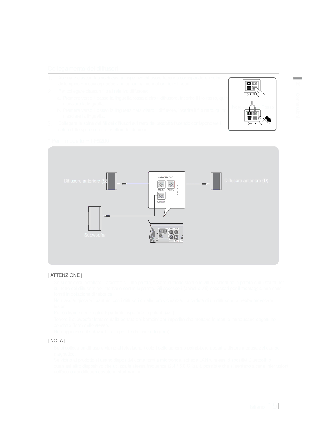 Samsung HT-F5200/ZF, HT-FS5200/EN Collegamento dei diffusori, Per il modello HT-F5200, Diffusore anteriore S Subwoofer 