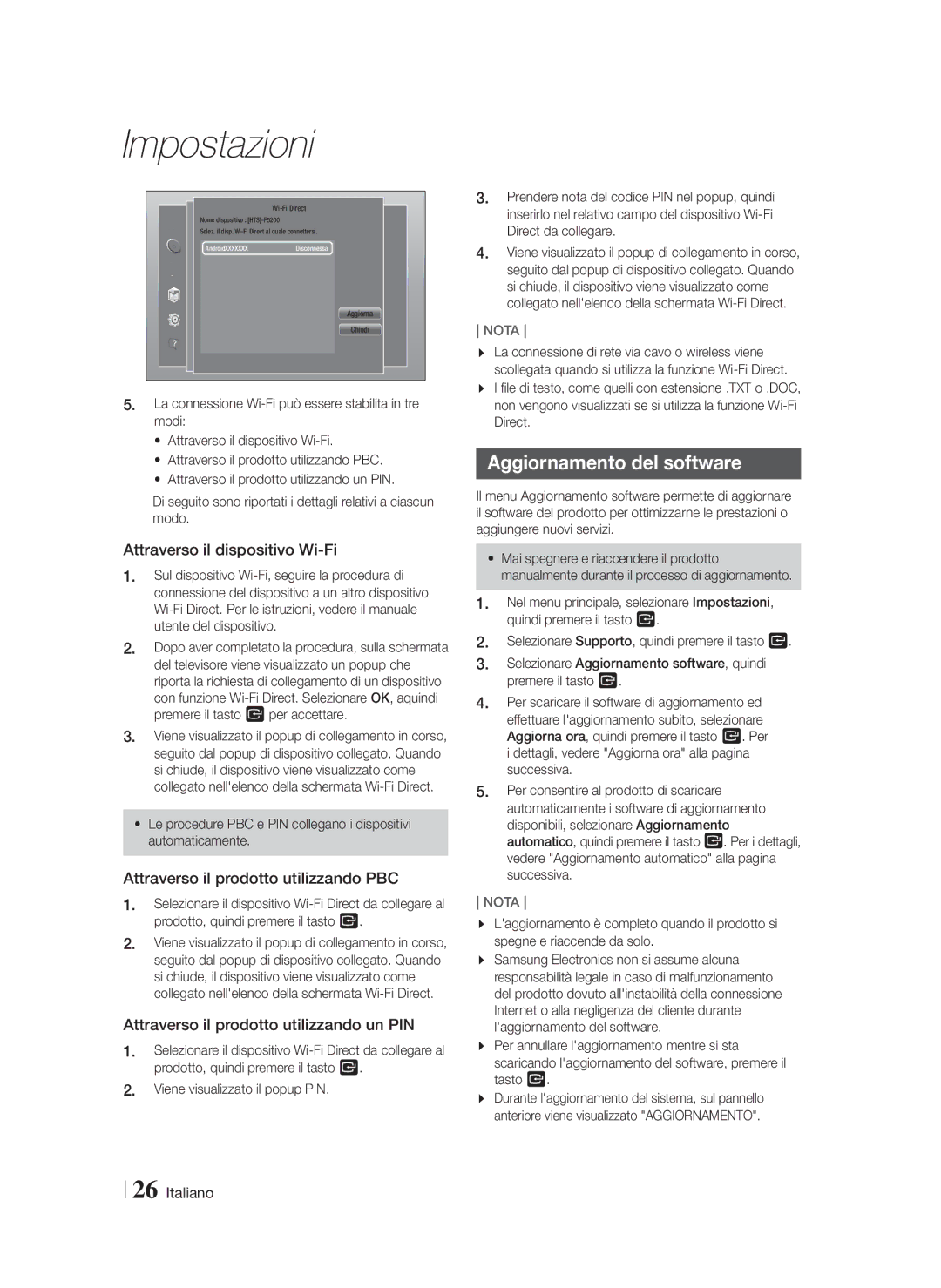 Samsung HT-FS5200/EN Aggiornamento del software, Attraverso il dispositivo Wi-Fi, Attraverso il prodotto utilizzando PBC 