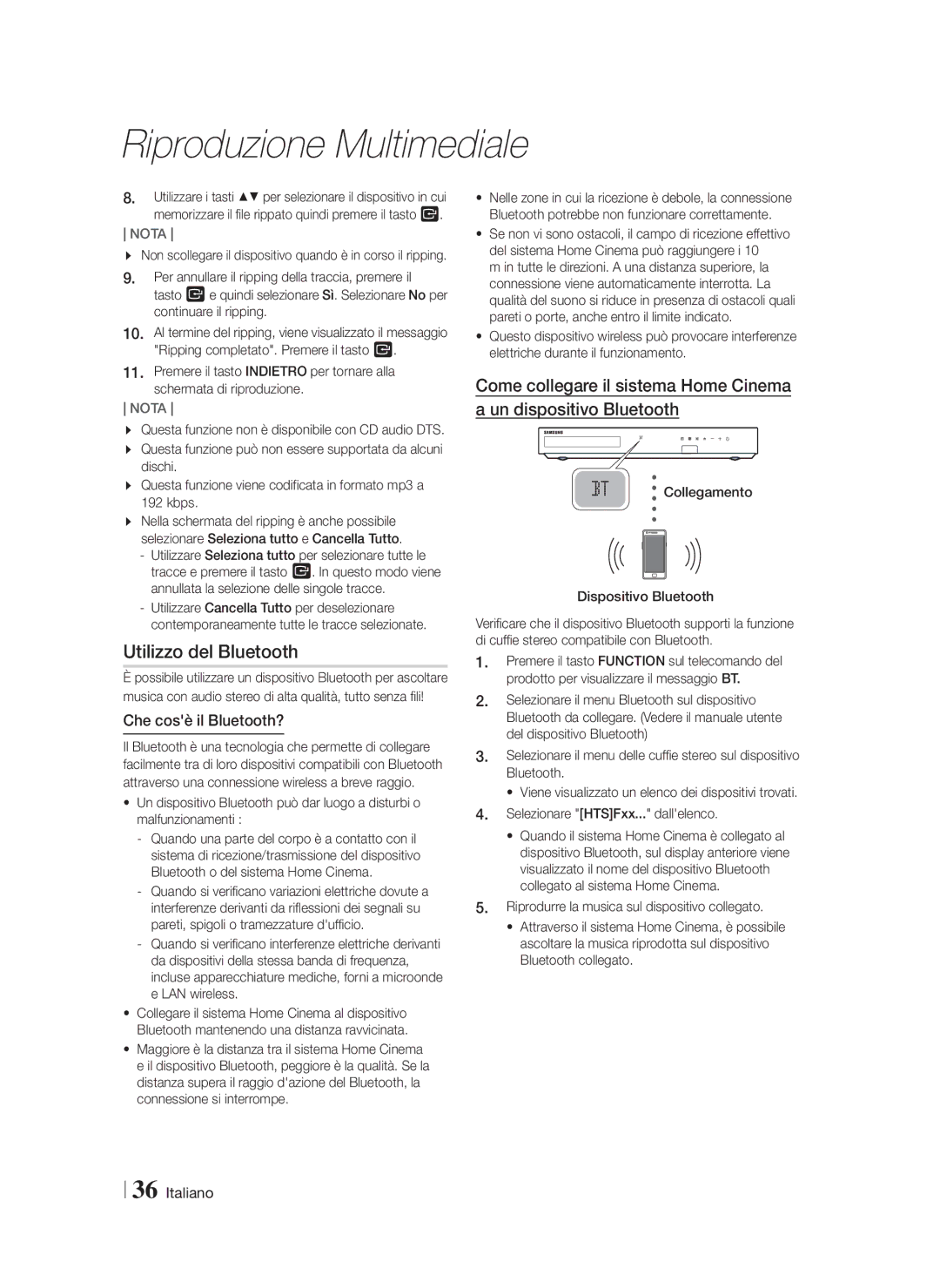 Samsung HT-F5200/ZF, HT-FS5200/EN, HT-FS5200/ZF manual Utilizzo del Bluetooth, Che cosè il Bluetooth? 