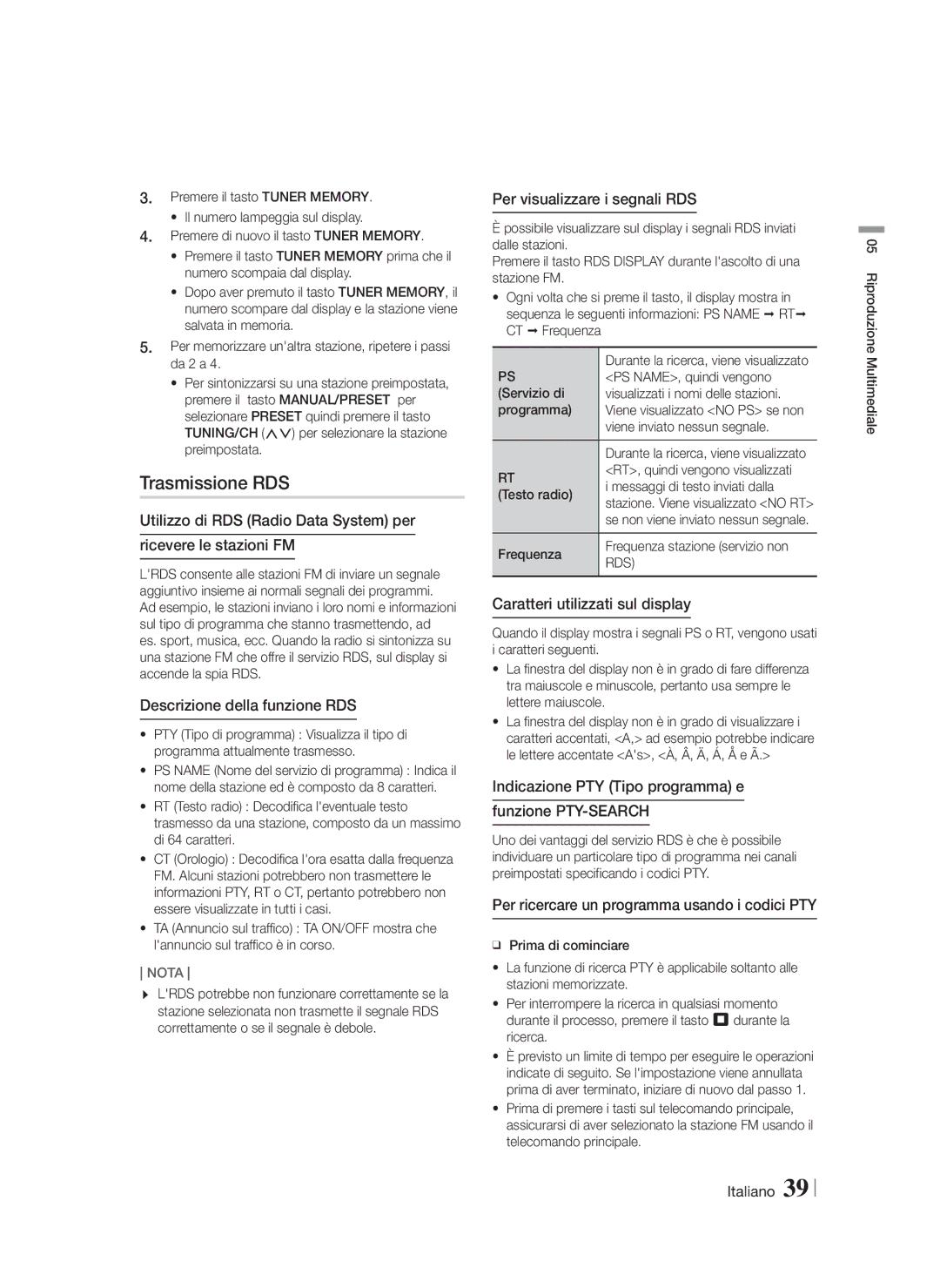 Samsung HT-F5200/ZF, HT-FS5200/EN, HT-FS5200/ZF manual Trasmissione RDS 