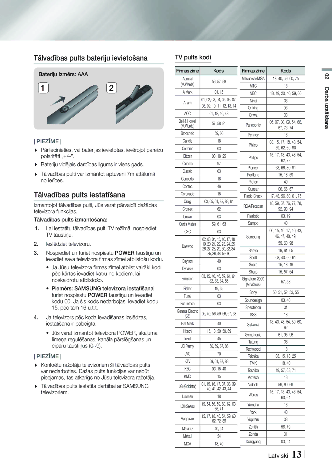 Samsung HT-FS5200/EN manual Tālvadības pults bateriju ievietošana, Tālvadības pults iestatīšana, TV pults kodi 