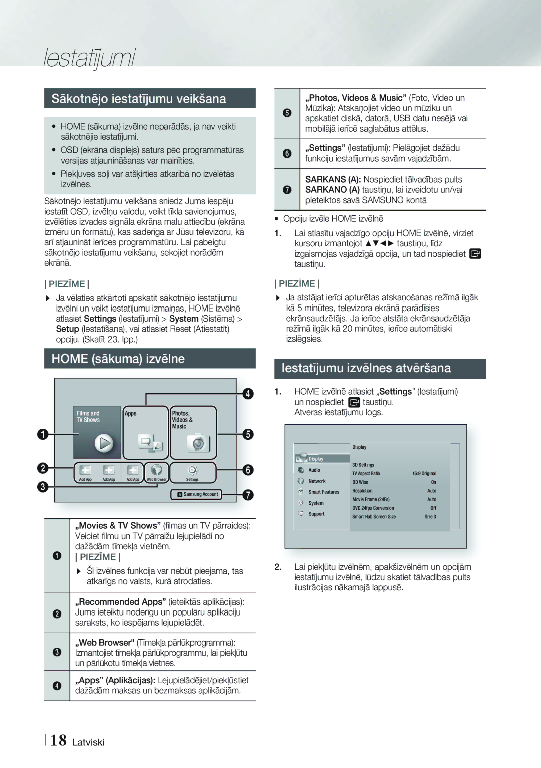 Samsung HT-FS5200/EN manual „Recommended Apps ieteiktās aplikācijas, Home izvēlnē atlasiet „Settings Iestatījumi 