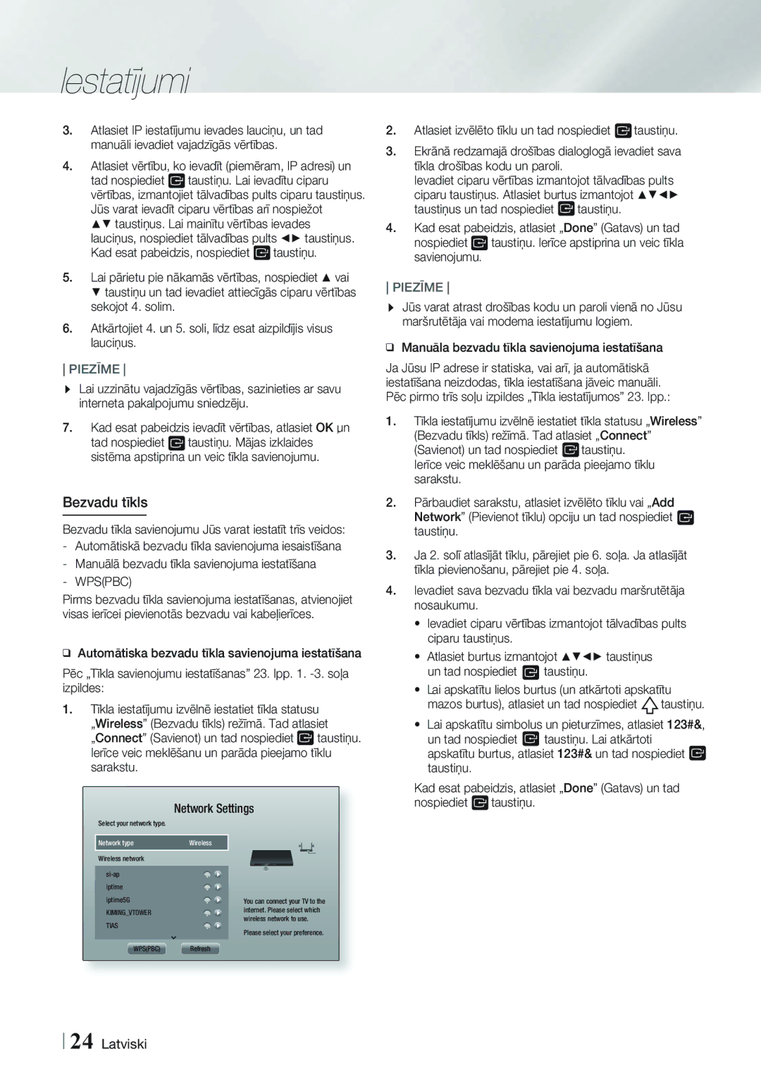 Samsung HT-FS5200/EN manual Bezvadu tīkls, Taustiņus. Lai mainītu vērtības ievades, Wpspbc, Un tad nospiediet Taustiņu 