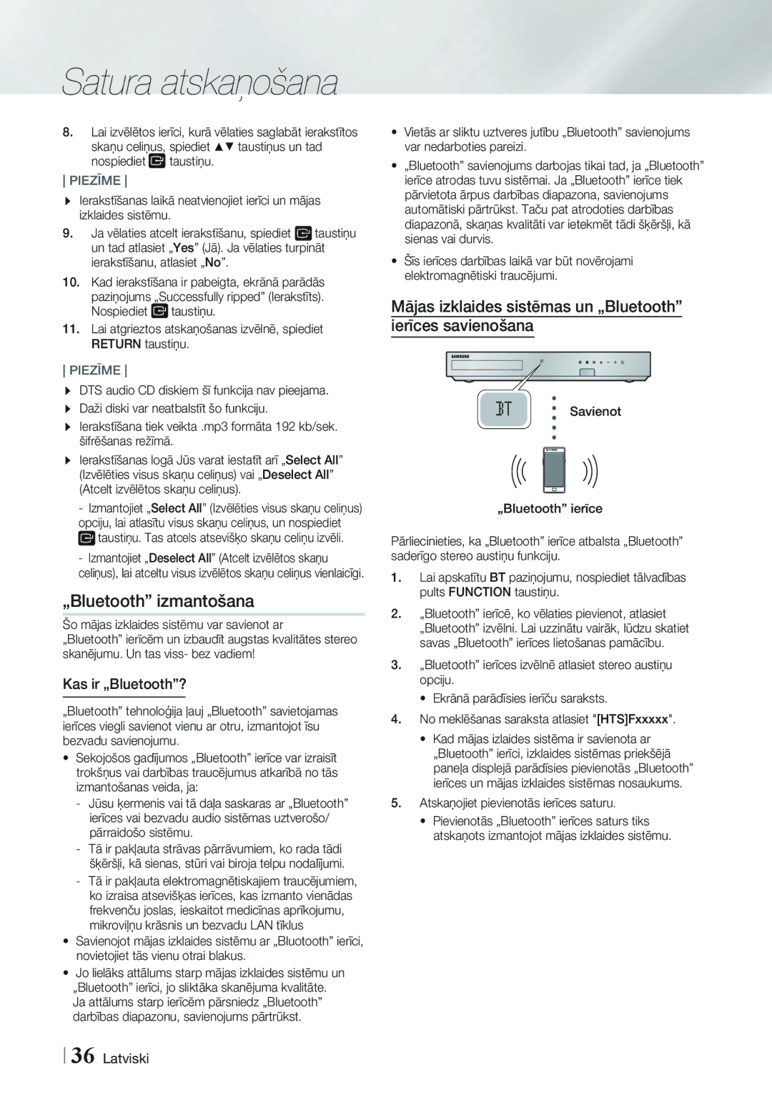 Samsung HT-FS5200/EN manual „Bluetooth izmantošana, Mājas izklaides sistēmas un „Bluetooth ierīces savienošana 