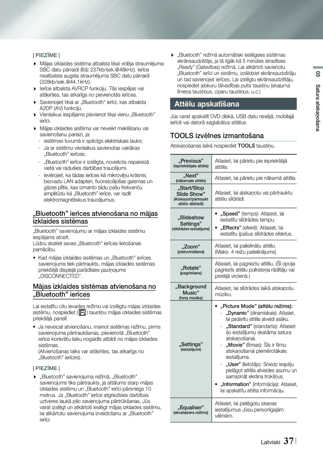 Samsung HT-FS5200/EN manual Attēlu apskatīšana, „Bluetooth ierīces atvienošana no mājas izklaides sistēmas 