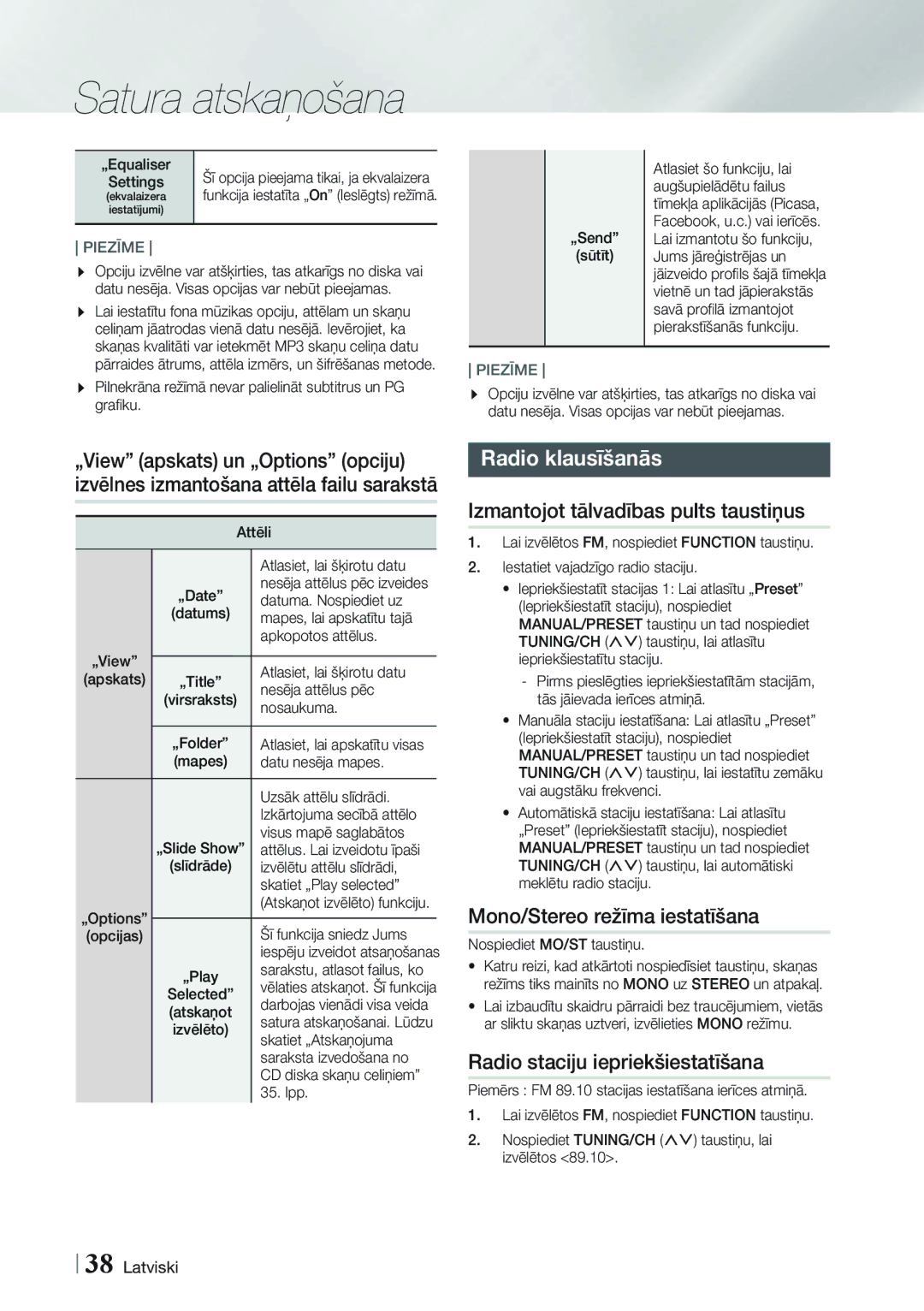 Samsung HT-FS5200/EN manual Radio klausīšanās, Izmantojot tālvadības pults taustiņus, Mono/Stereo režīma iestatīšana 