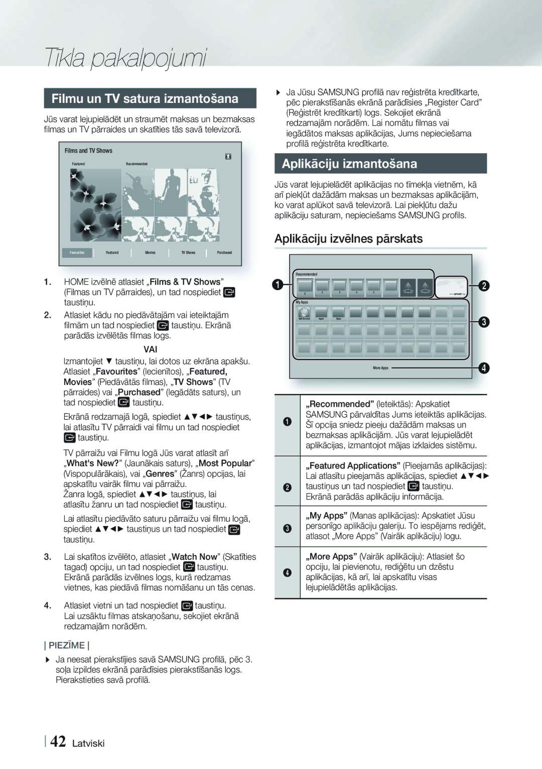 Samsung HT-FS5200/EN manual Filmu un TV satura izmantošana, Aplikāciju izmantošana, Aplikāciju izvēlnes pārskats, Vai 