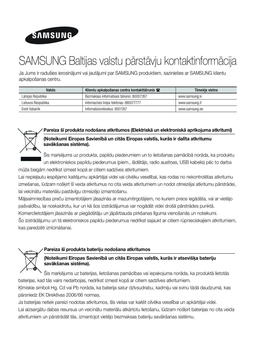 Samsung HT-FS5200/EN manual Samsung Baltijas valstu pārstāvju kontaktinformācija 