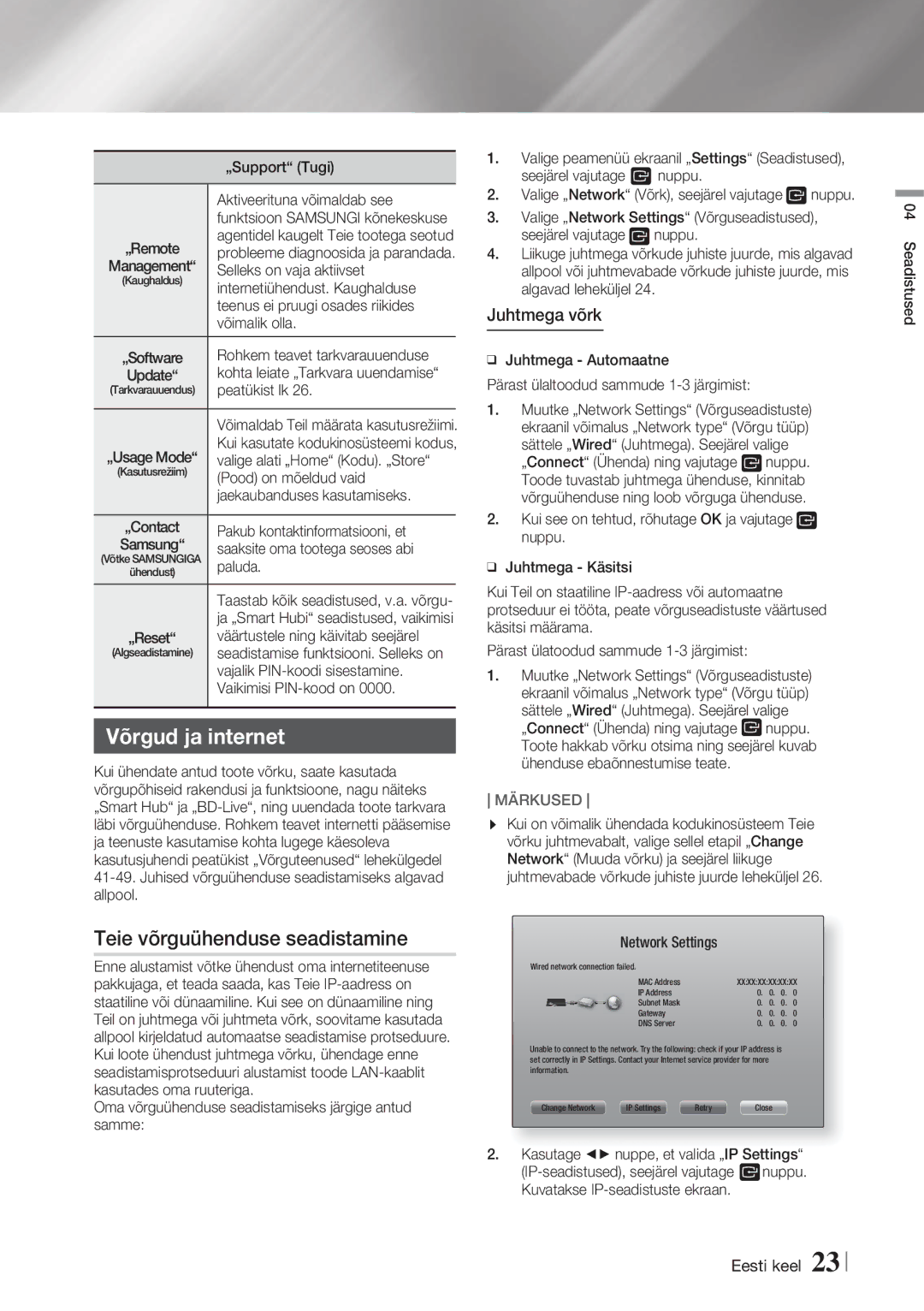 Samsung HT-FS5200/EN manual Võrgud ja internet, Teie võrguühenduse seadistamine, Juhtmega võrk 