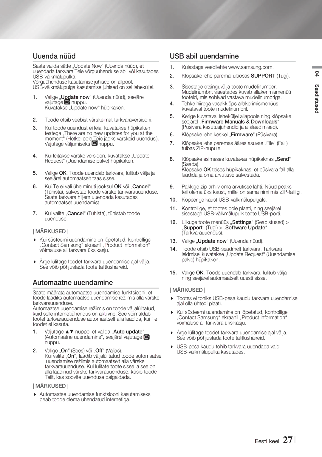 Samsung HT-FS5200/EN manual Uuenda nüüd, Automaatne uuendamine, USB abil uuendamine 
