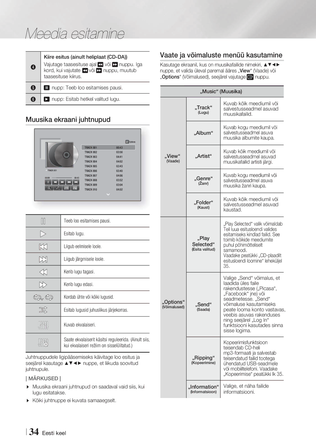 Samsung HT-FS5200/EN manual Muusika ekraani juhtnupud 