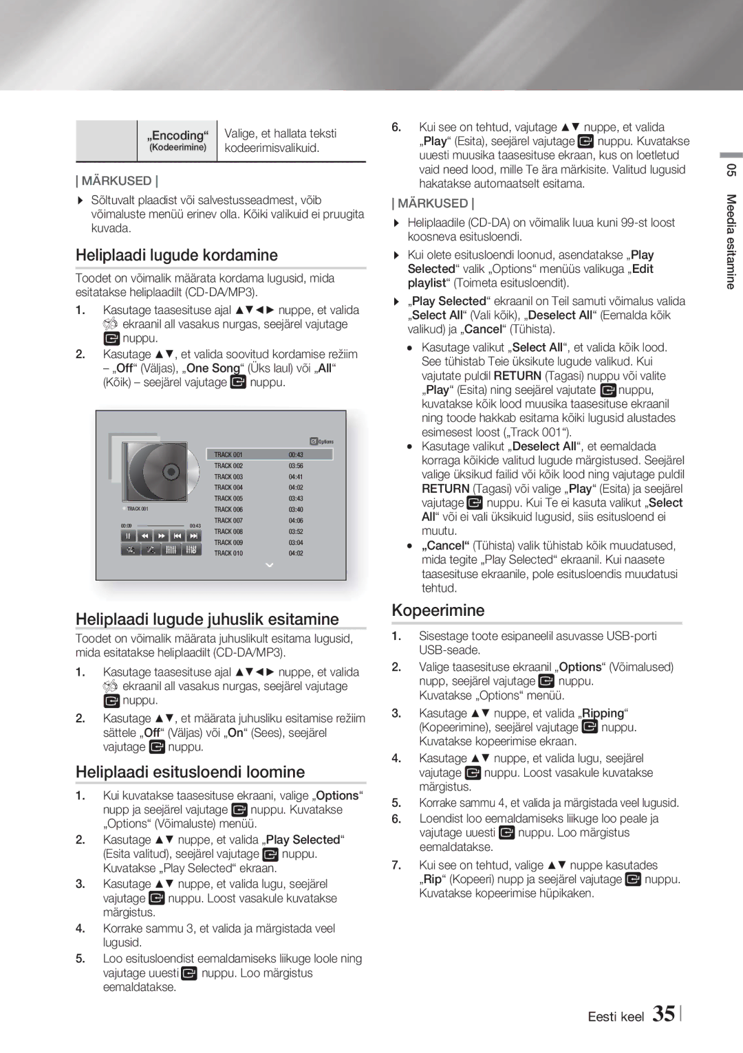 Samsung HT-FS5200/EN Heliplaadi lugude kordamine, Heliplaadi lugude juhuslik esitamine, Heliplaadi esitusloendi loomine 