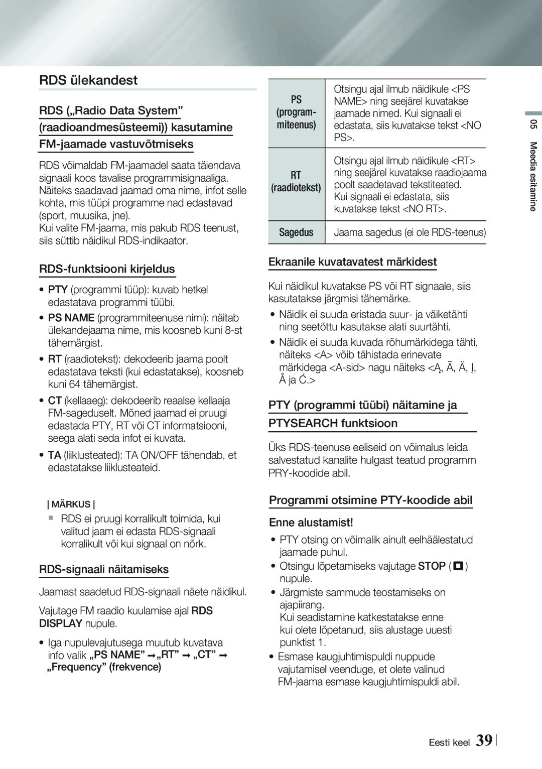 Samsung HT-FS5200/EN manual RDS ülekandest 