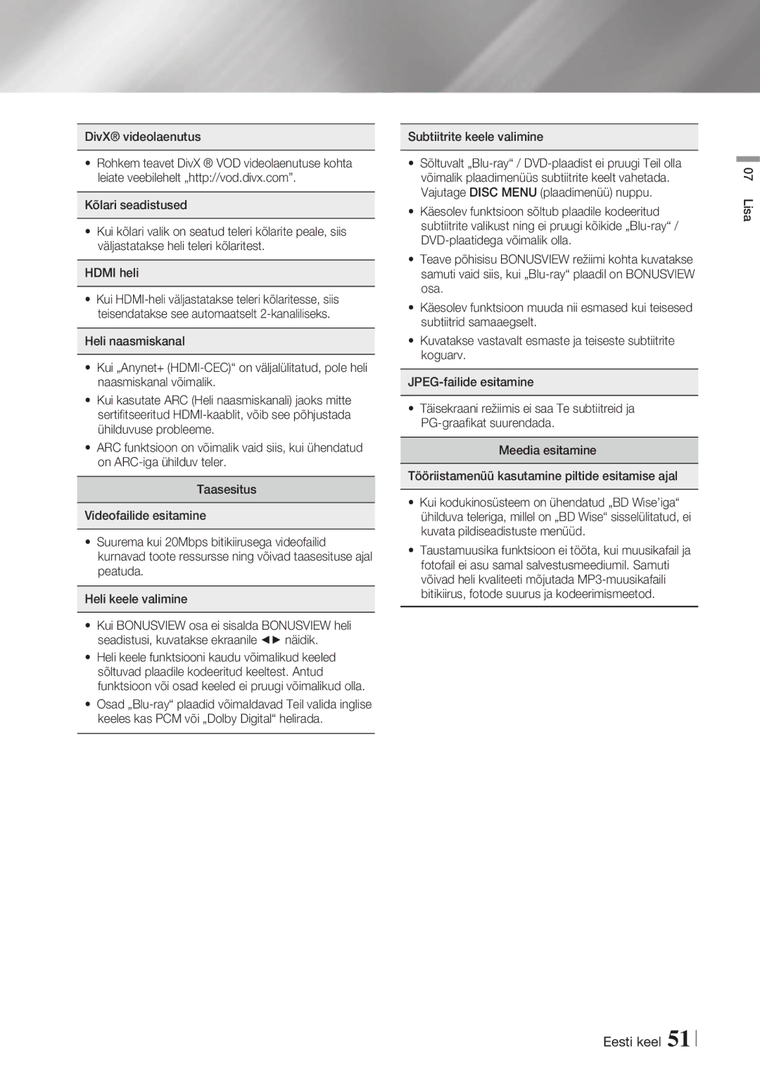 Samsung HT-FS5200/EN manual Subtiitrite keele valimine, Lisa 