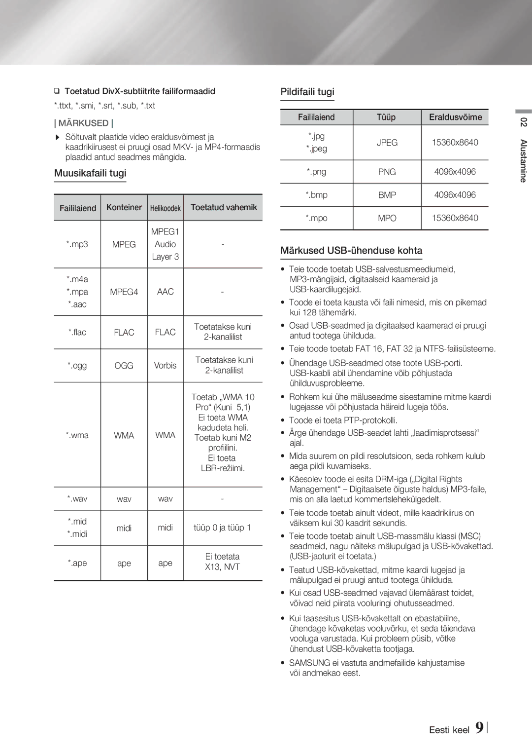 Samsung HT-FS5200/EN manual Muusikafaili tugi, Pildifaili tugi, Märkused USB-ühenduse kohta, Bmp 