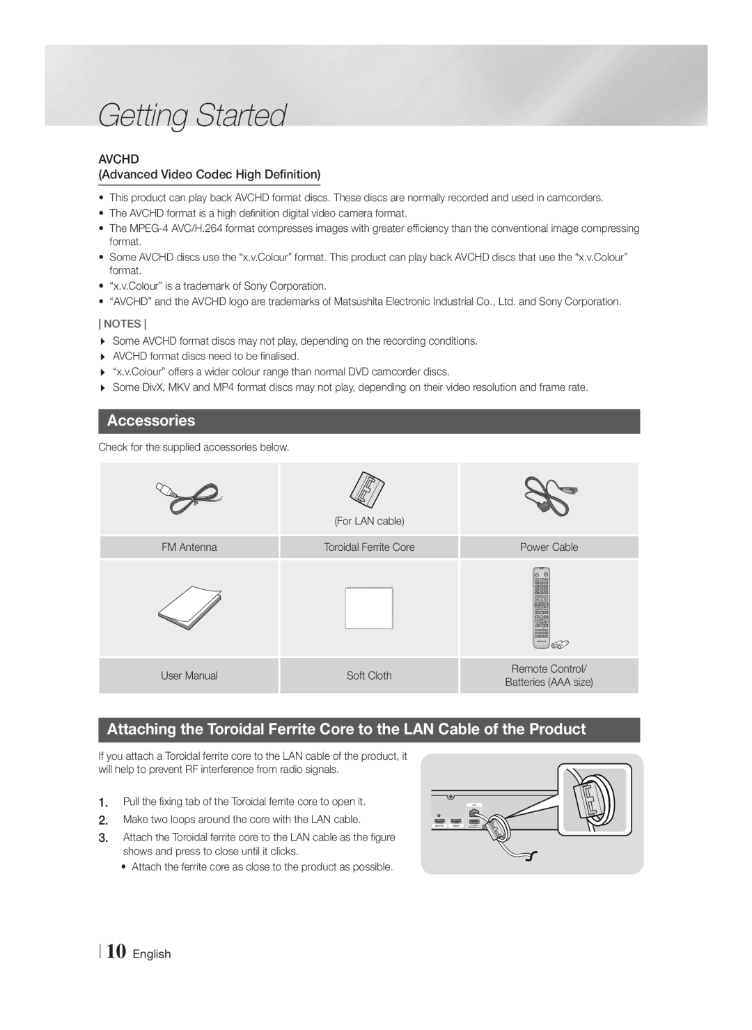 Samsung HT-F5200/EN manual Accessories, Advanced Video Codec High Definition, Soft Cloth Remote Control Batteries AAA size 