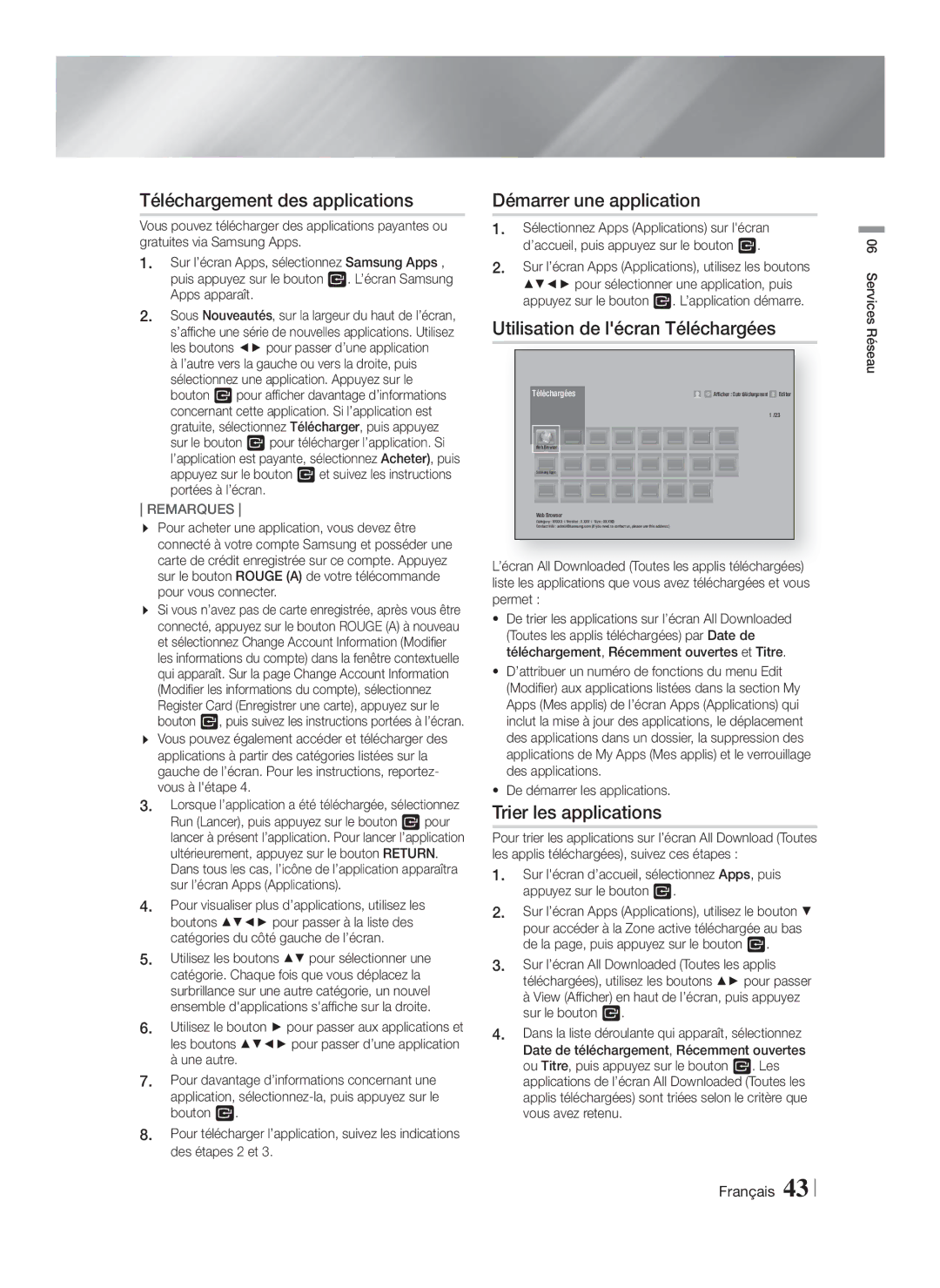 Samsung HT-FS5200/ZF manual Téléchargement des applications, Démarrer une application, Utilisation de lécran Téléchargées 