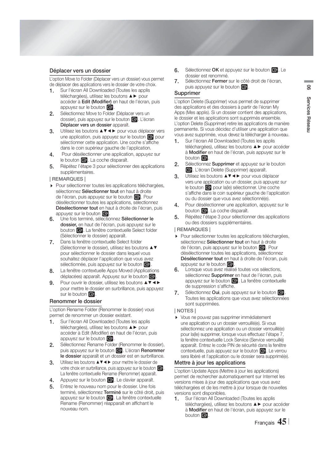 Samsung HT-FS5200/XE, HT-F5200/XN Déplacer vers un dossier, Renommer le dossier, Supprimer, Mettre à jour les applications 